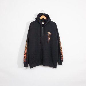Vintage Y2K Harley Davidson Zip Up Hoodie 2XL - Biker Flames Faded Distressed